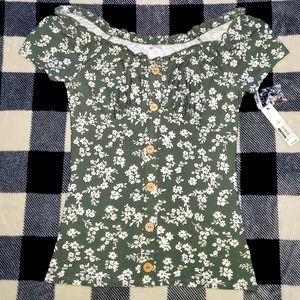 NOBO Size S Olive Green and White Floral Button Front Fashion Top